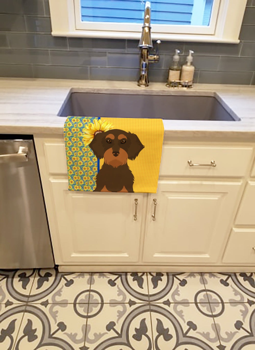 Summer Sunflowers Wirehair Chocolate and Tan Dachshund Kitchen Towel Velour Plush Front and Cotton Loop Back Machine Washable