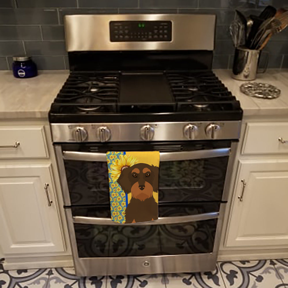 Summer Sunflowers Wirehair Chocolate and Tan Dachshund Kitchen Towel Velour Plush Front and Cotton Loop Back Machine Washable