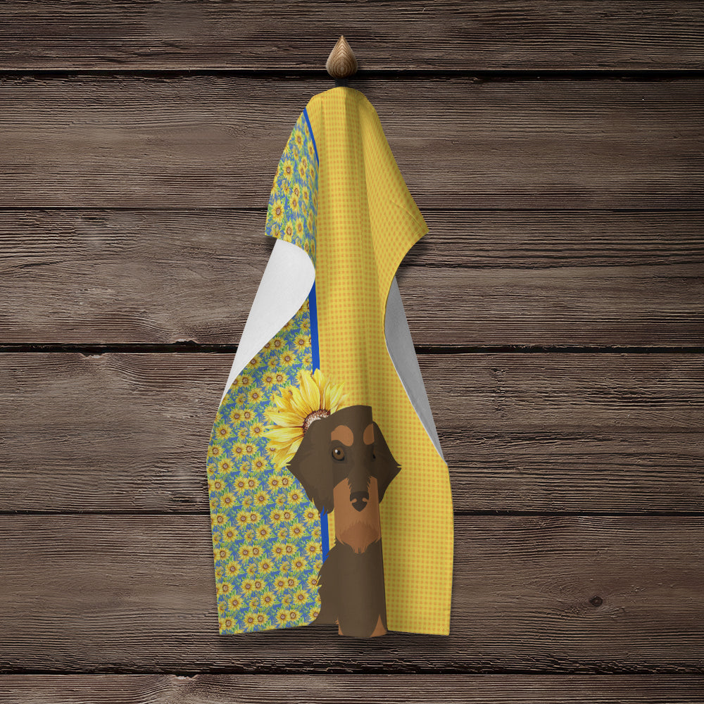 Summer Sunflowers Wirehair Chocolate and Tan Dachshund Kitchen Towel Velour Plush Front and Cotton Loop Back Machine Washable