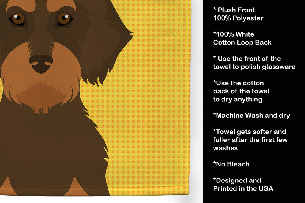 Summer Sunflowers Wirehair Chocolate and Tan Dachshund Kitchen Towel Velour Plush Front and Cotton Loop Back Machine Washable