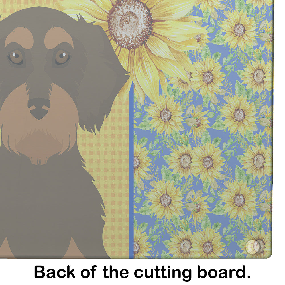 Summer Sunflowers Wirehair Chocolate and Tan Dachshund Cutting Board Tempered Glass Kitchen Cutting Surface, Heat Resistant Chopping, Non-Slip Feet, Food Prep & Serving