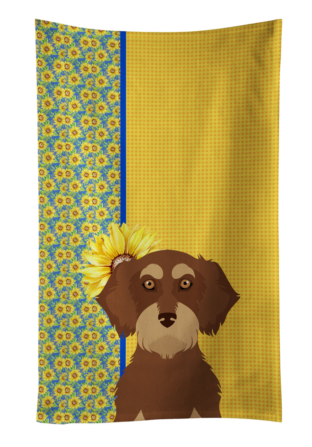 Summer Sunflowers Wirehair Red and Tan Dachshund Kitchen Towel Velour Plush Front and Cotton Loop Back Machine Washable