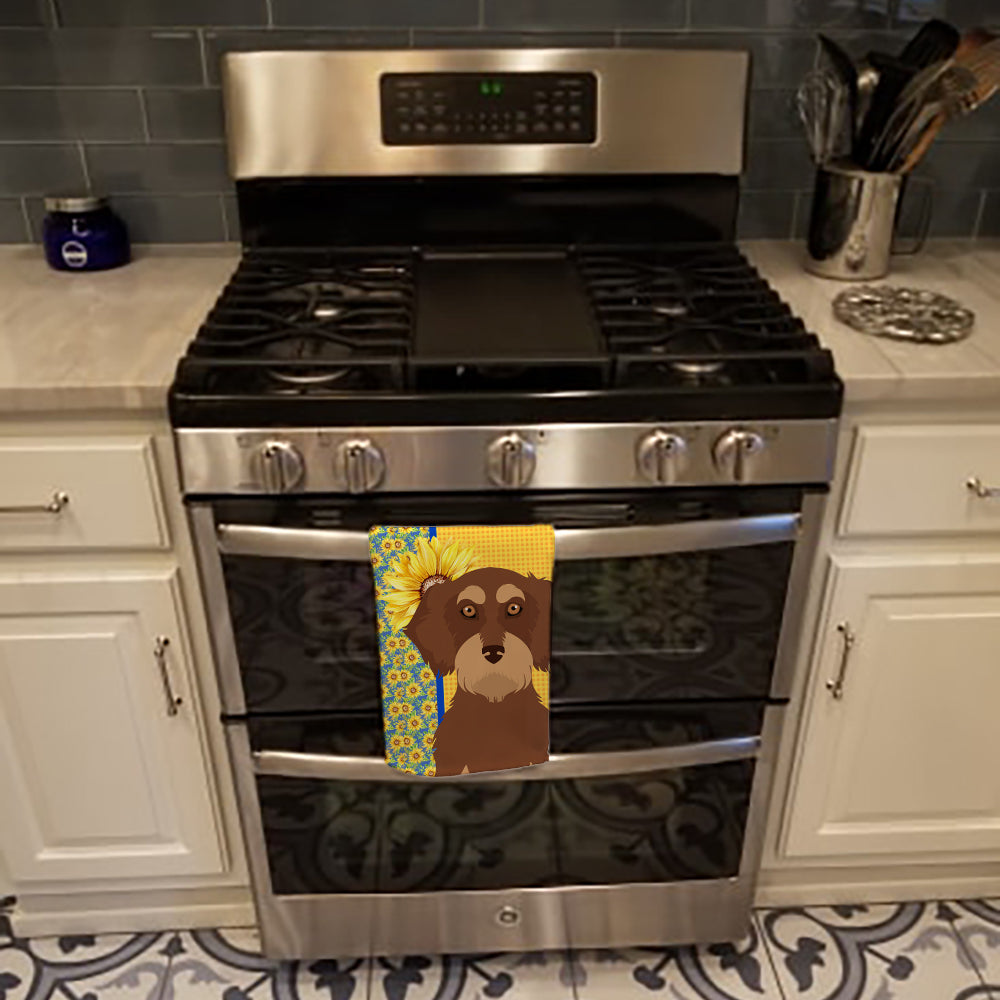 Summer Sunflowers Wirehair Red and Tan Dachshund Kitchen Towel Velour Plush Front and Cotton Loop Back Machine Washable