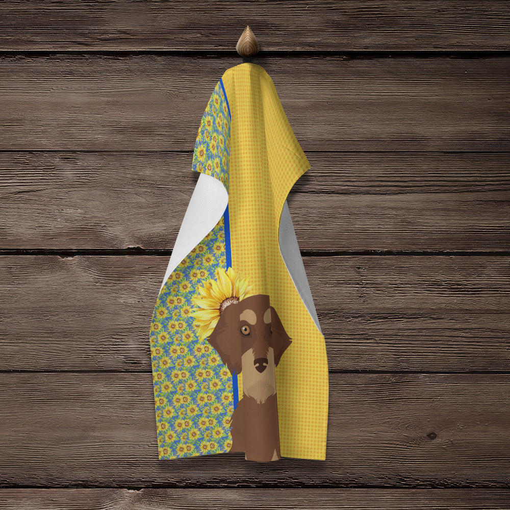 Summer Sunflowers Wirehair Red and Tan Dachshund Kitchen Towel Velour Plush Front and Cotton Loop Back Machine Washable