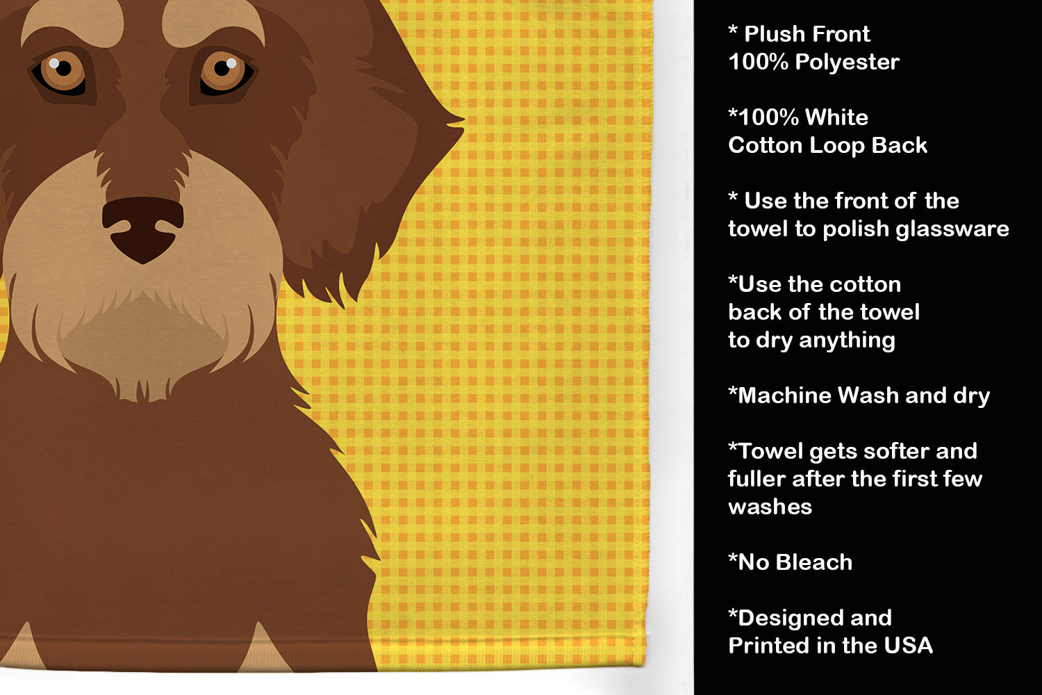 Summer Sunflowers Wirehair Red and Tan Dachshund Kitchen Towel Velour Plush Front and Cotton Loop Back Machine Washable