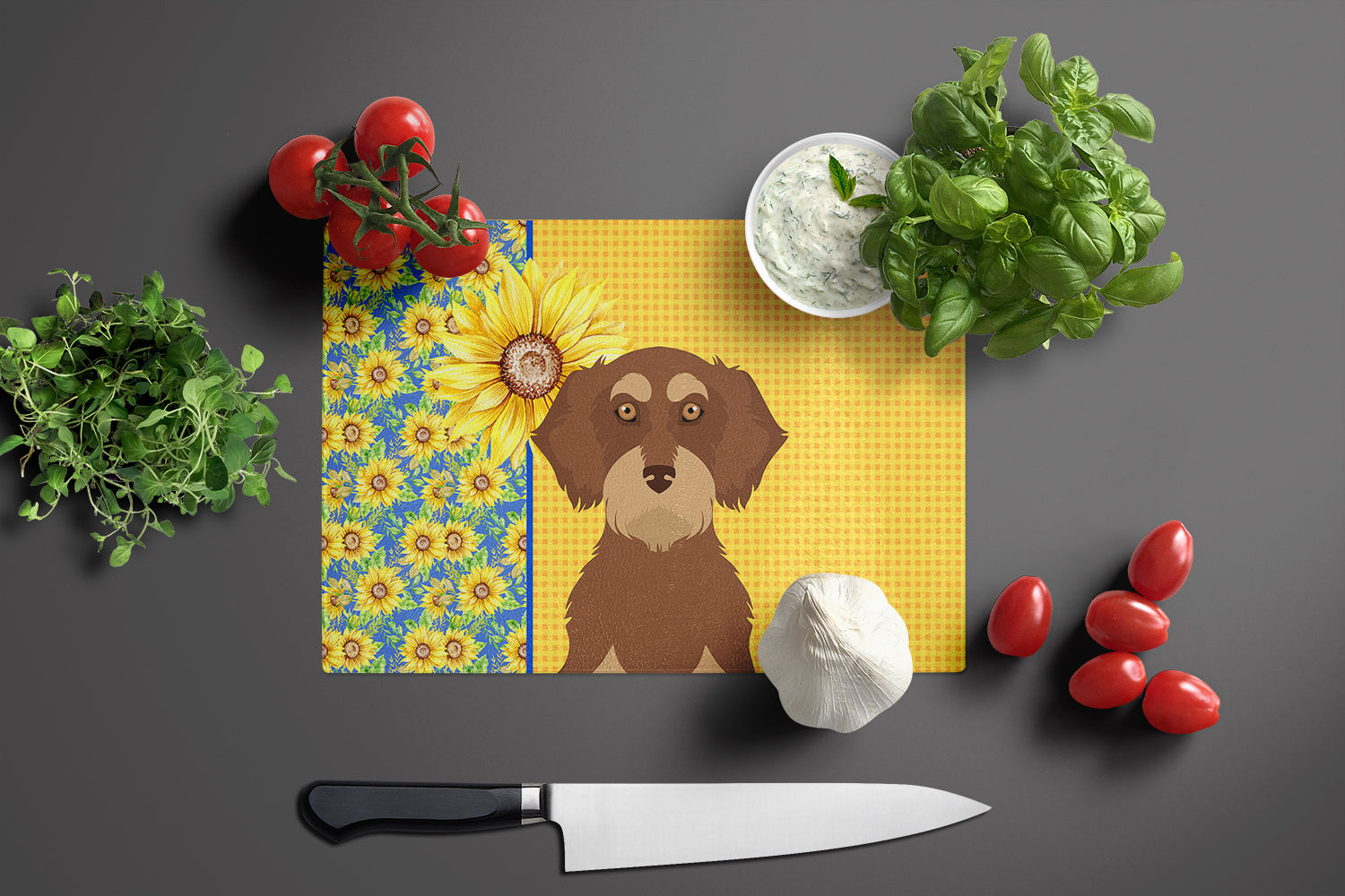 Summer Sunflowers Wirehair Red and Tan Dachshund Cutting Board Tempered Glass Kitchen Cutting Surface, Heat Resistant Chopping, Non-Slip Feet, Food Prep & Serving