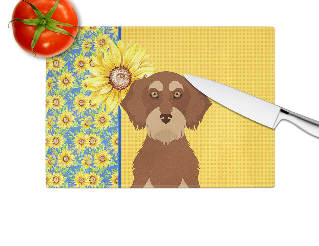 Summer Sunflowers Wirehair Red and Tan Dachshund Cutting Board Tempered Glass Kitchen Cutting Surface, Heat Resistant Chopping, Non-Slip Feet, Food Prep & Serving