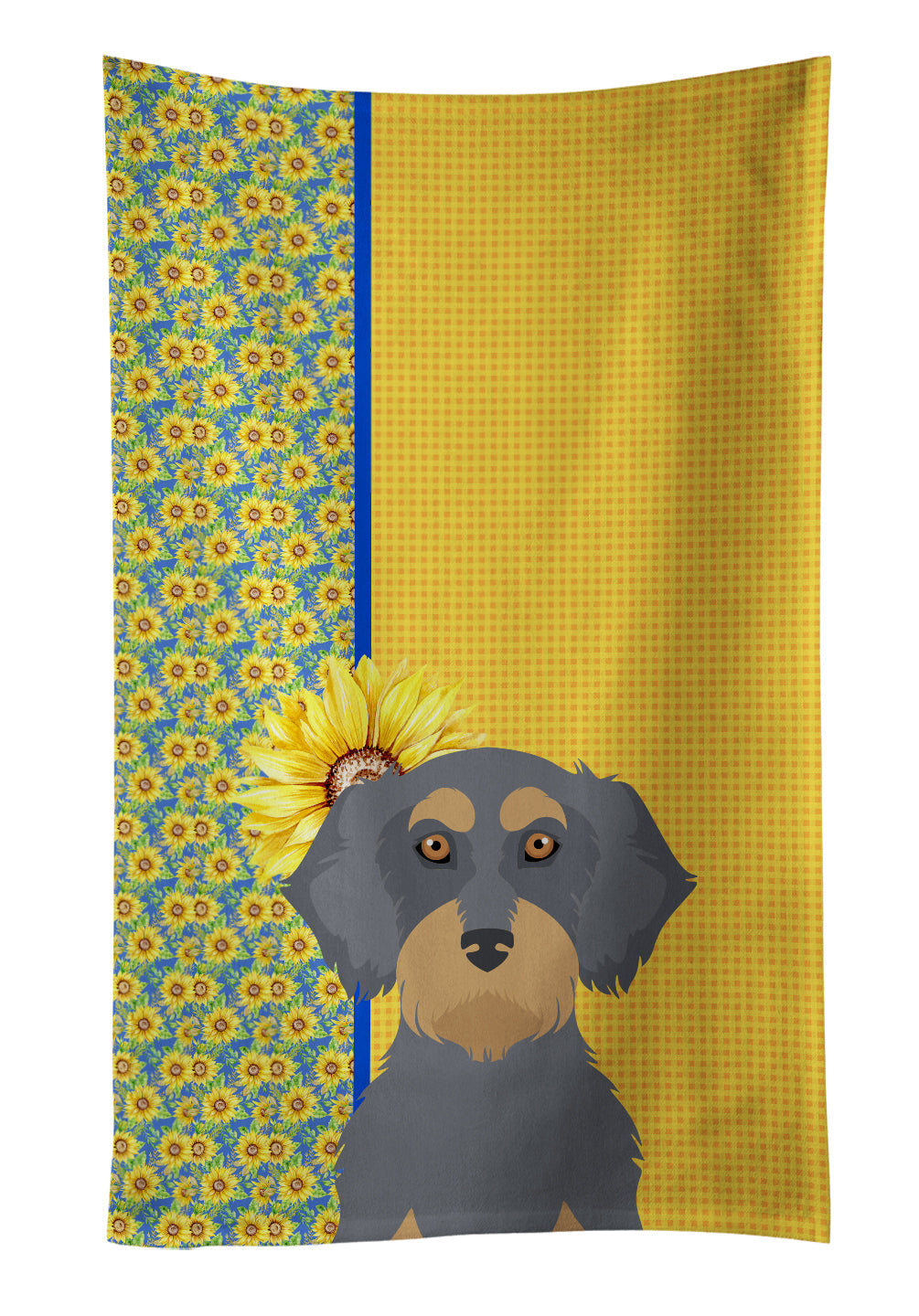 Summer Sunflowers Wirehair Blue and Tan Dachshund Kitchen Towel Velour Plush Front and Cotton Loop Back Machine Washable