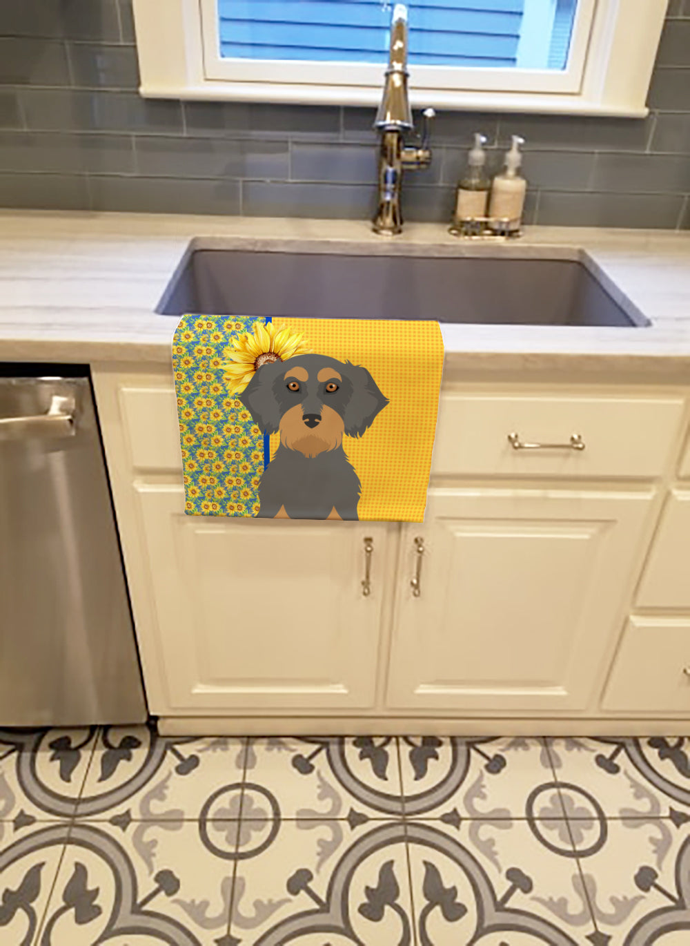 Summer Sunflowers Wirehair Blue and Tan Dachshund Kitchen Towel Velour Plush Front and Cotton Loop Back Machine Washable