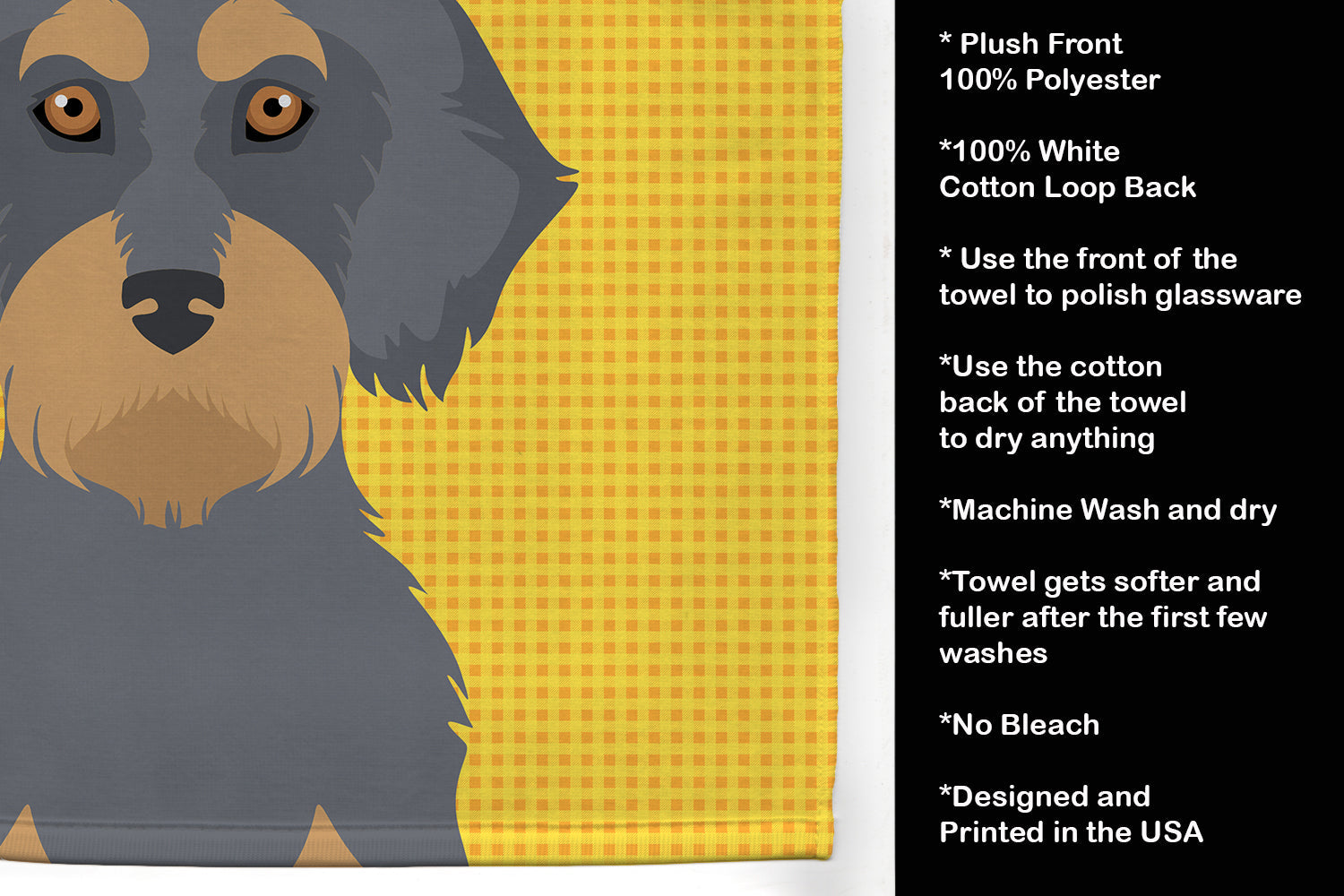 Summer Sunflowers Wirehair Blue and Tan Dachshund Kitchen Towel Velour Plush Front and Cotton Loop Back Machine Washable