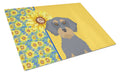 Summer Sunflowers Wirehair Blue and Tan Dachshund Cutting Board Tempered Glass Kitchen Cutting Surface, Heat Resistant Chopping, Non-Slip Feet, Food Prep & Serving
