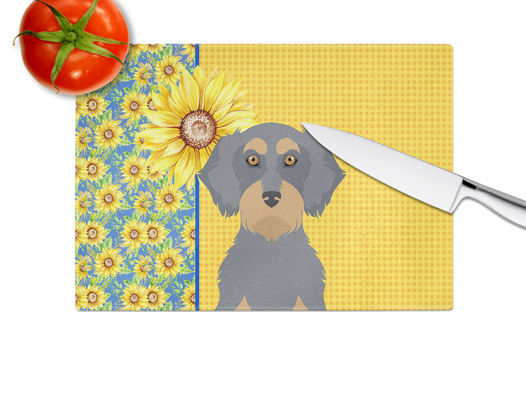 Summer Sunflowers Wirehair Blue and Tan Dachshund Cutting Board Tempered Glass Kitchen Cutting Surface, Heat Resistant Chopping, Non-Slip Feet, Food Prep & Serving