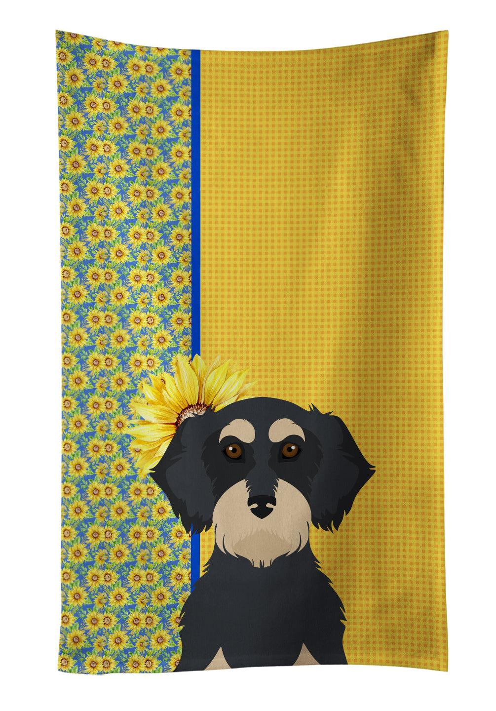 Summer Sunflowers Wirehair Black and Cream Dachshund Kitchen Towel Velour Plush Front and Cotton Loop Back Machine Washable