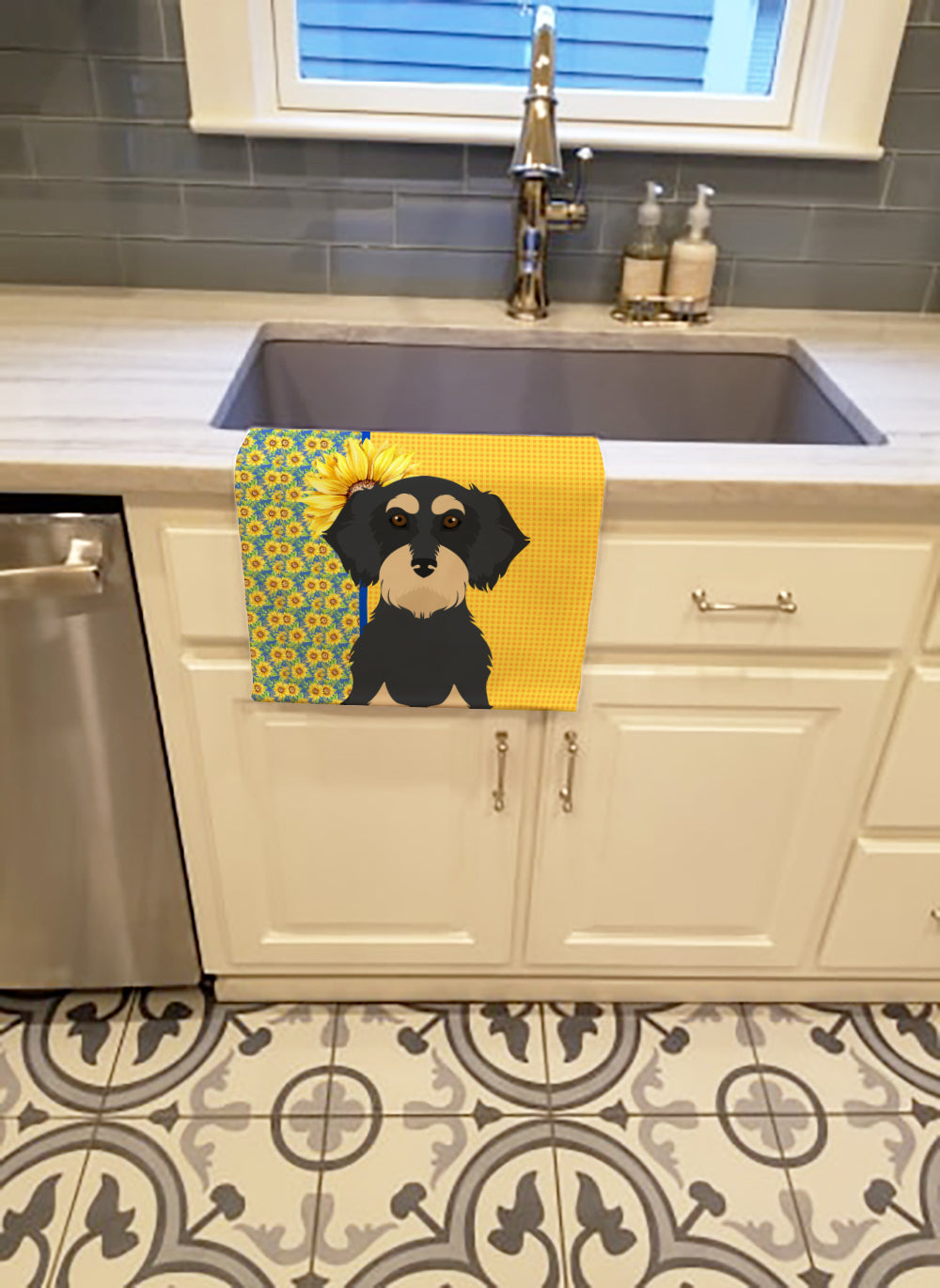 Summer Sunflowers Wirehair Black and Cream Dachshund Kitchen Towel Velour Plush Front and Cotton Loop Back Machine Washable