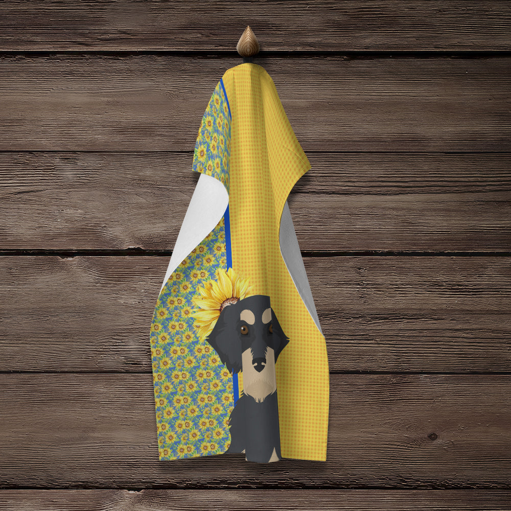 Summer Sunflowers Wirehair Black and Cream Dachshund Kitchen Towel Velour Plush Front and Cotton Loop Back Machine Washable