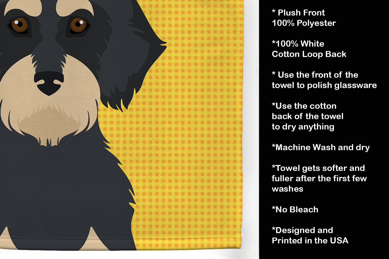 Summer Sunflowers Wirehair Black and Cream Dachshund Kitchen Towel Velour Plush Front and Cotton Loop Back Machine Washable