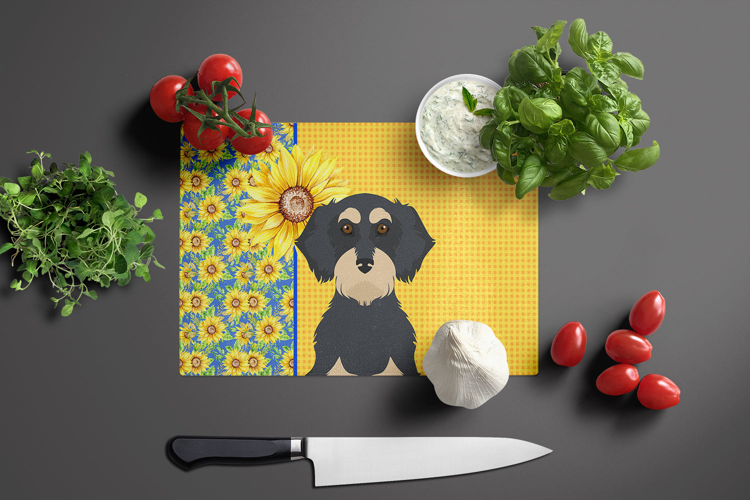 Summer Sunflowers Wirehair Black and Cream Dachshund Cutting Board Tempered Glass Kitchen Cutting Surface, Heat Resistant Chopping, Non-Slip Feet, Food Prep & Serving