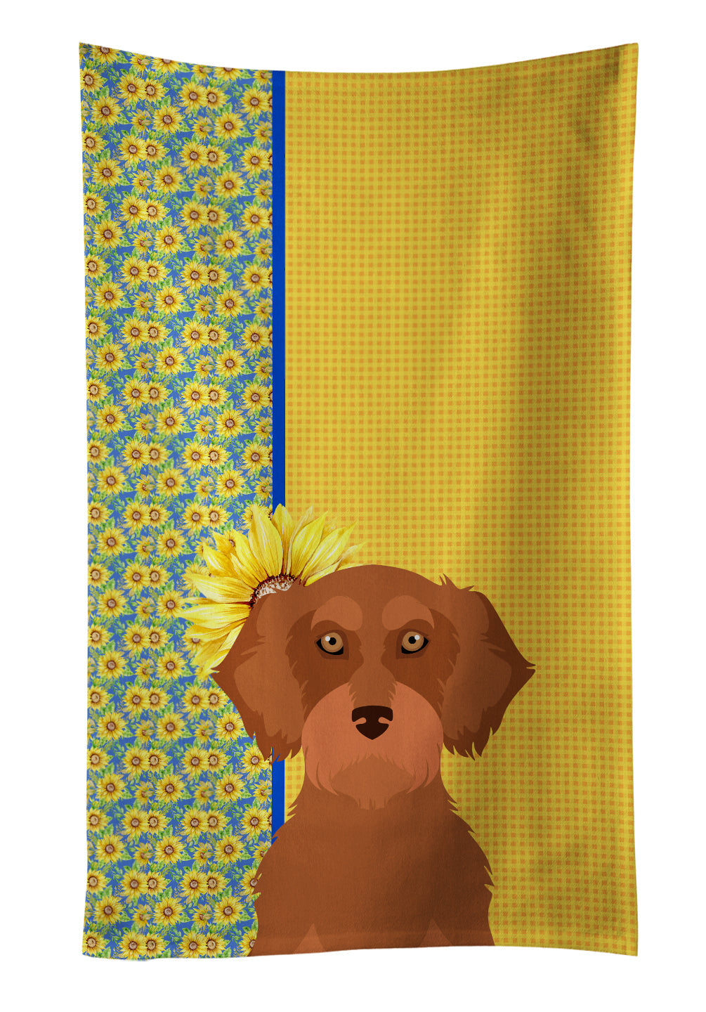 Summer Sunflowers Wirehair Red Dachshund Kitchen Towel Velour Plush Front and Cotton Loop Back Machine Washable