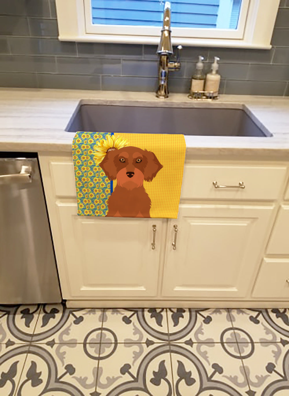 Summer Sunflowers Wirehair Red Dachshund Kitchen Towel Velour Plush Front and Cotton Loop Back Machine Washable