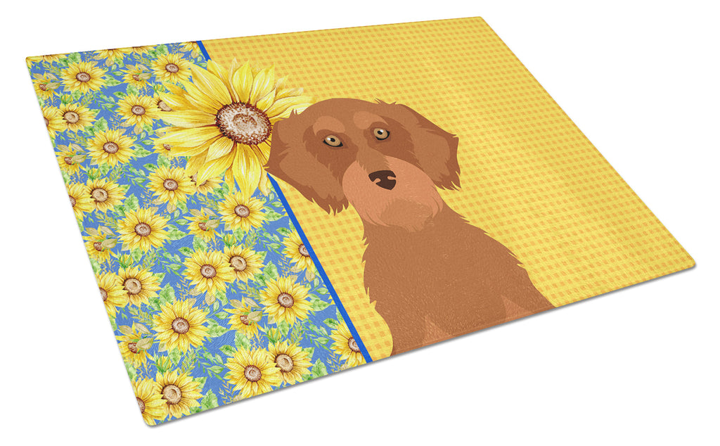 Summer Sunflowers Wirehair Red Dachshund Cutting Board Tempered Glass Kitchen Cutting Surface, Heat Resistant Chopping, Non-Slip Feet, Food Prep & Serving