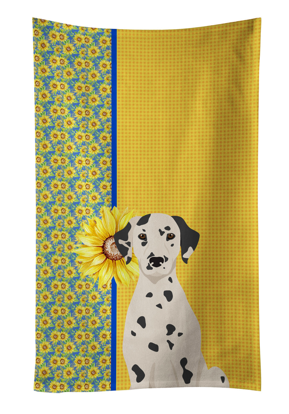 Summer Sunflowers Dalmatian Kitchen Towel Velour Plush Front and Cotton Loop Back Machine Washable