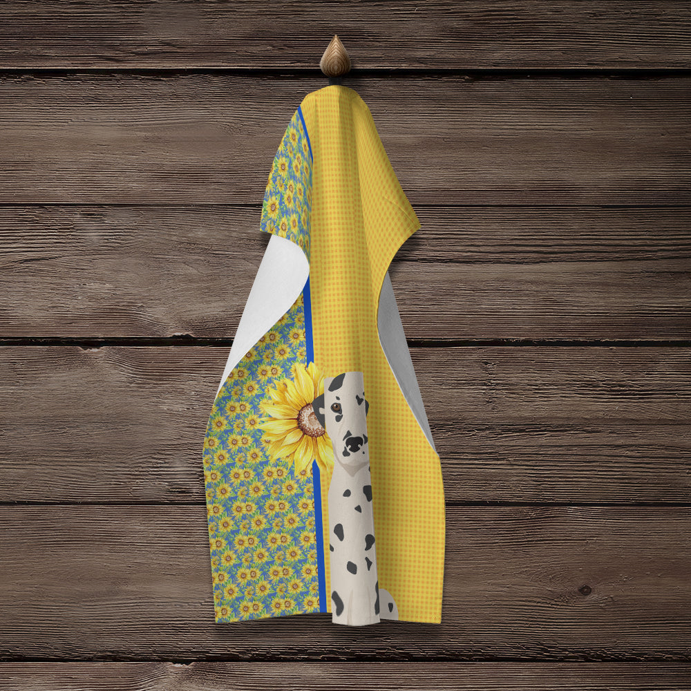 Summer Sunflowers Dalmatian Kitchen Towel Velour Plush Front and Cotton Loop Back Machine Washable