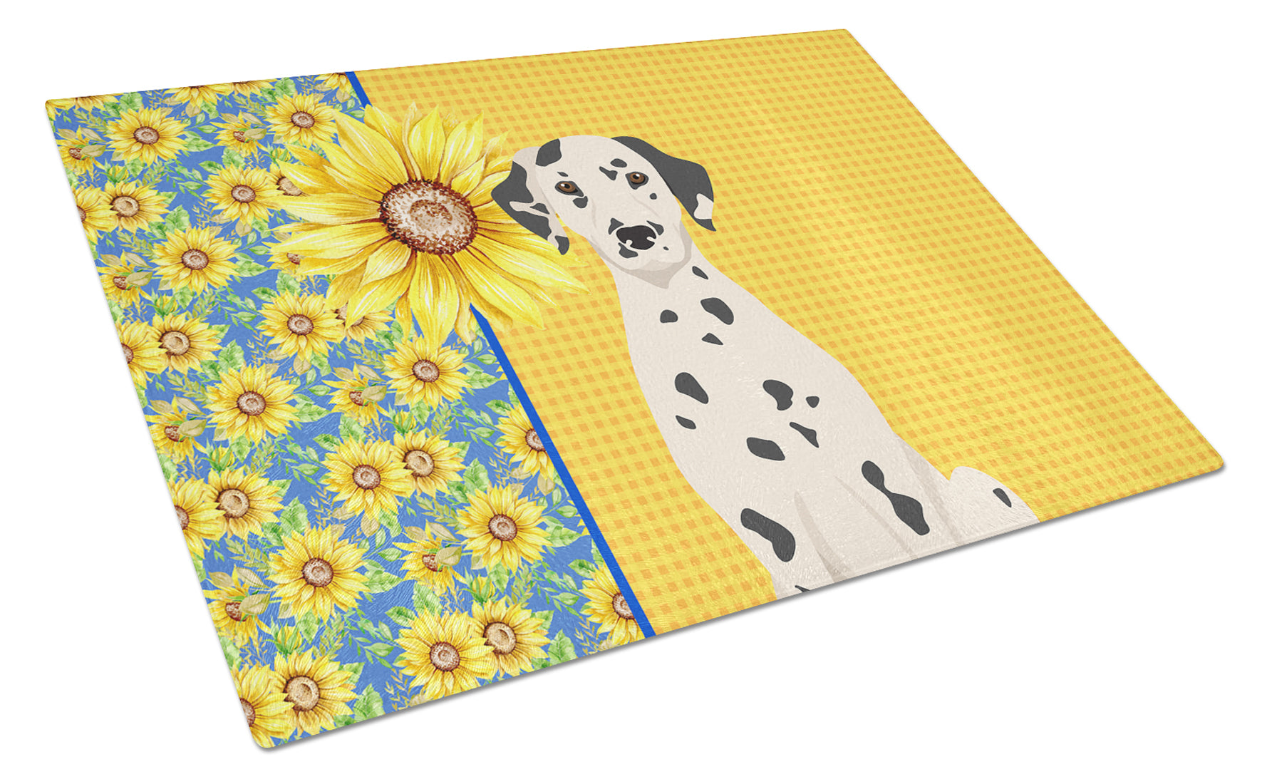 Summer Sunflowers Dalmatian Cutting Board Tempered Glass Kitchen Cutting Surface, Heat Resistant Chopping, Non-Slip Feet, Food Prep & Serving