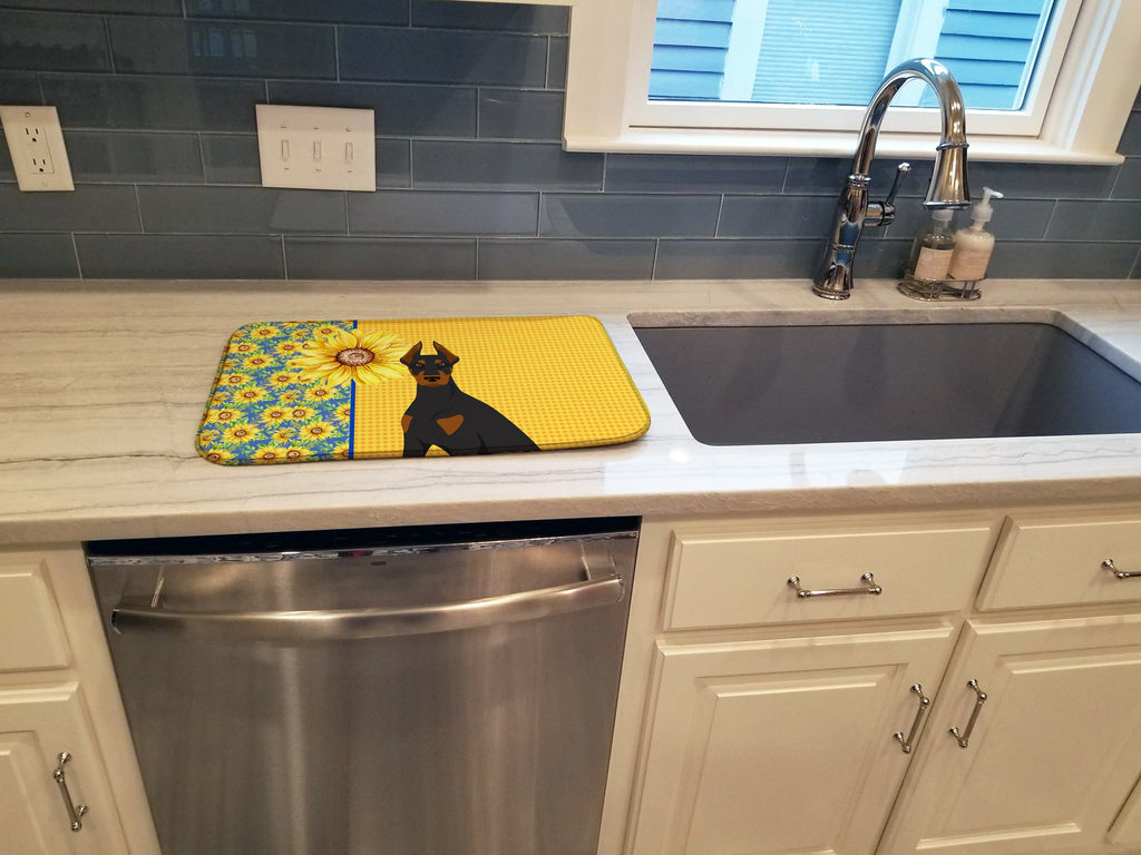 Summer Sunflowers Black and Tan Doberman Pinscher Dish Drying Mat Absorbent Dish Drying Mat Pad for Kitchen Counter Dish Drainer Mat for Countertop, 14 x 21", Multicolor
