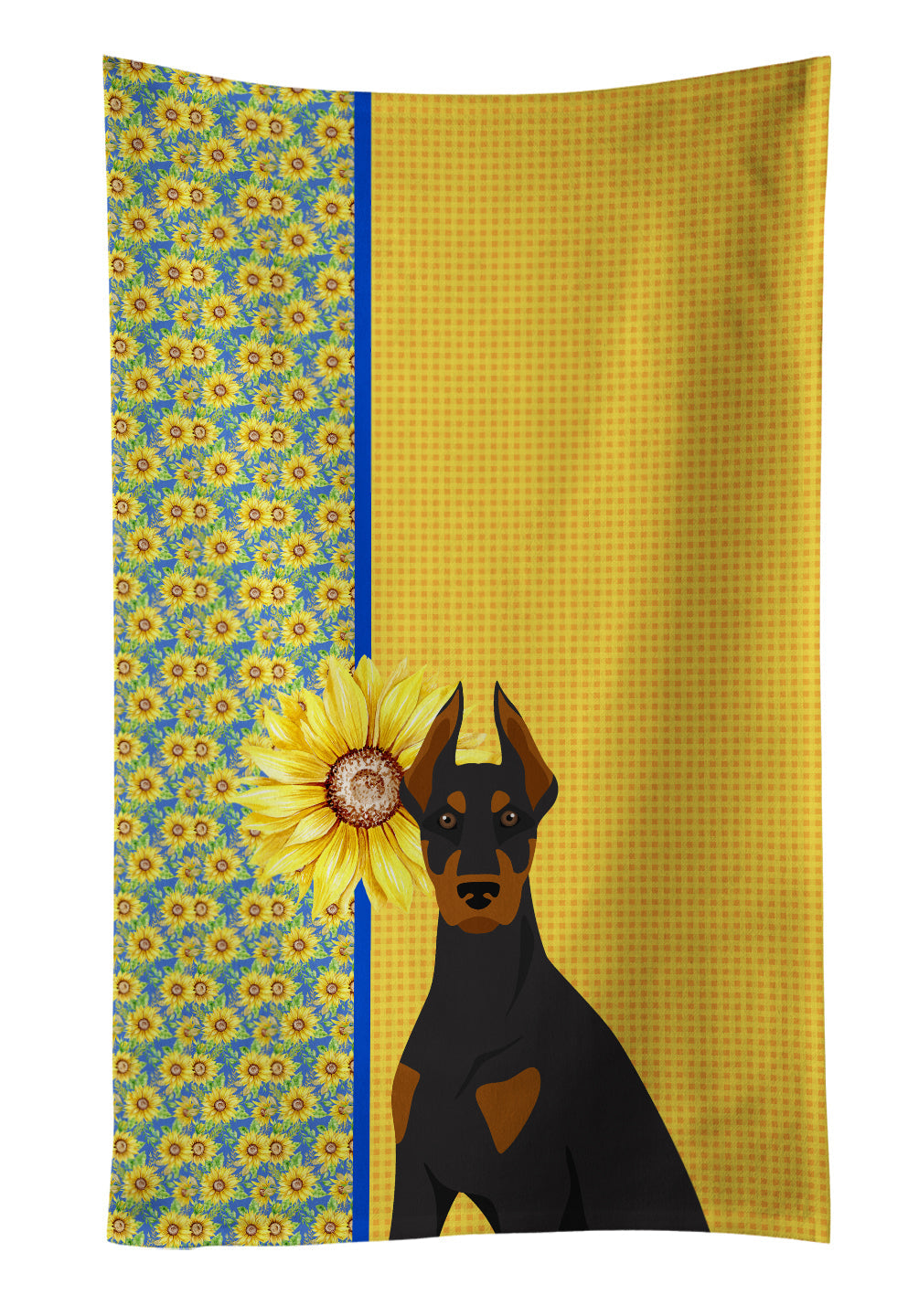 Summer Sunflowers Black and Tan Doberman Pinscher Kitchen Towel Velour Plush Front and Cotton Loop Back Machine Washable