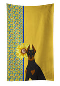 Summer Sunflowers Black and Tan Doberman Pinscher Kitchen Towel Velour Plush Front and Cotton Loop Back Machine Washable