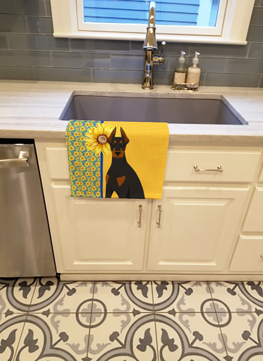 Summer Sunflowers Black and Tan Doberman Pinscher Kitchen Towel Velour Plush Front and Cotton Loop Back Machine Washable