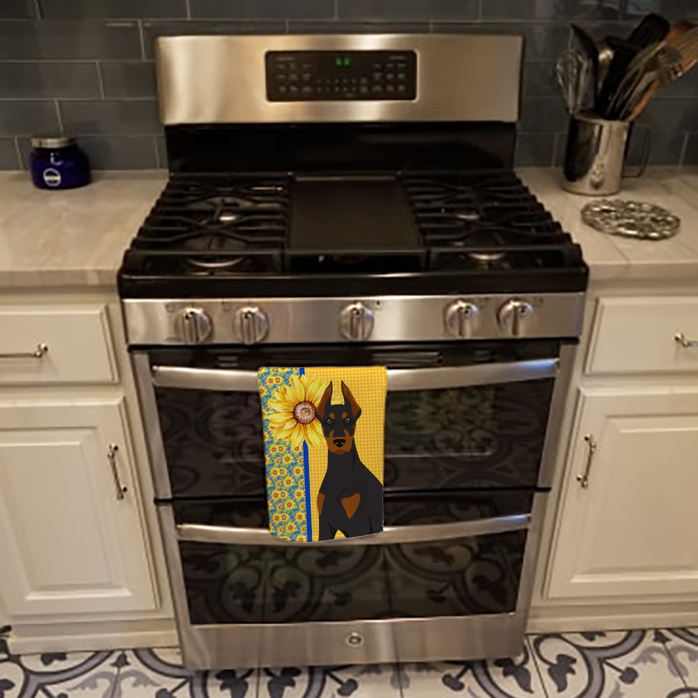 Summer Sunflowers Black and Tan Doberman Pinscher Kitchen Towel Velour Plush Front and Cotton Loop Back Machine Washable