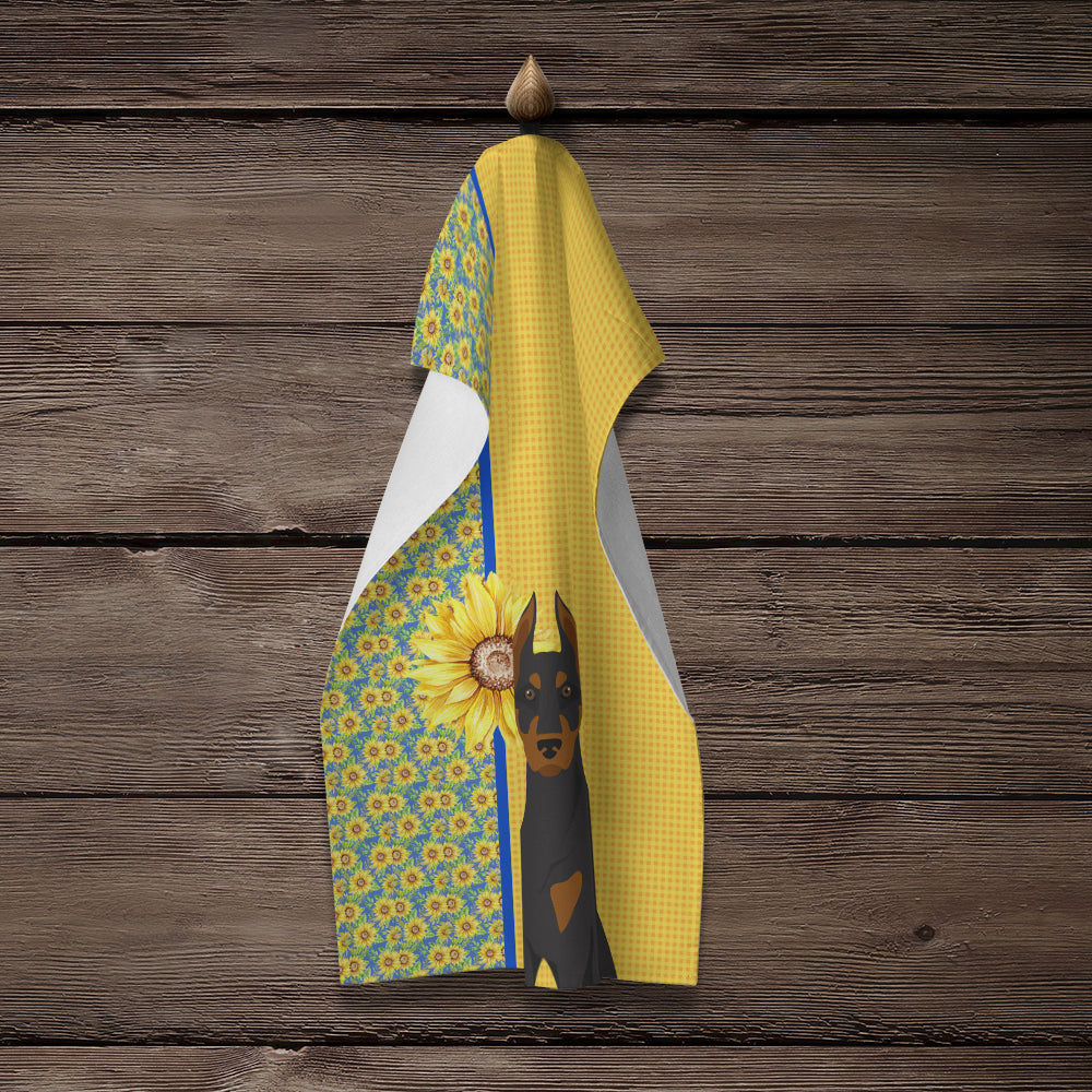 Summer Sunflowers Black and Tan Doberman Pinscher Kitchen Towel Velour Plush Front and Cotton Loop Back Machine Washable