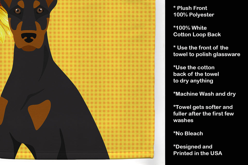 Summer Sunflowers Black and Tan Doberman Pinscher Kitchen Towel Velour Plush Front and Cotton Loop Back Machine Washable