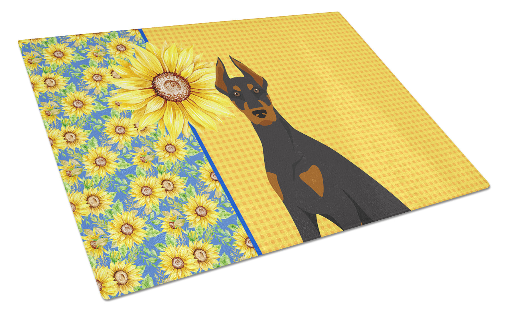 Summer Sunflowers Black and Tan Doberman Pinscher Cutting Board Tempered Glass Kitchen Cutting Surface, Heat Resistant Chopping, Non-Slip Feet, Food Prep & Serving