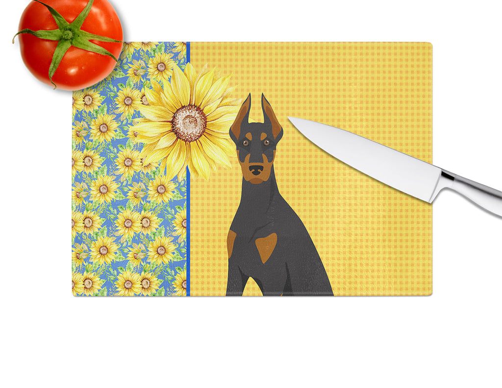 Summer Sunflowers Black and Tan Doberman Pinscher Cutting Board Tempered Glass Kitchen Cutting Surface, Heat Resistant Chopping, Non-Slip Feet, Food Prep & Serving