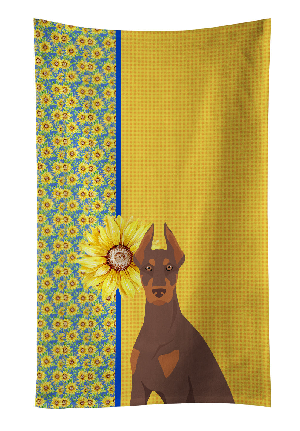 Summer Sunflowers Red and Tan Doberman Pinscher Kitchen Towel Velour Plush Front and Cotton Loop Back Machine Washable