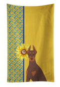 Summer Sunflowers Red and Tan Doberman Pinscher Kitchen Towel Velour Plush Front and Cotton Loop Back Machine Washable