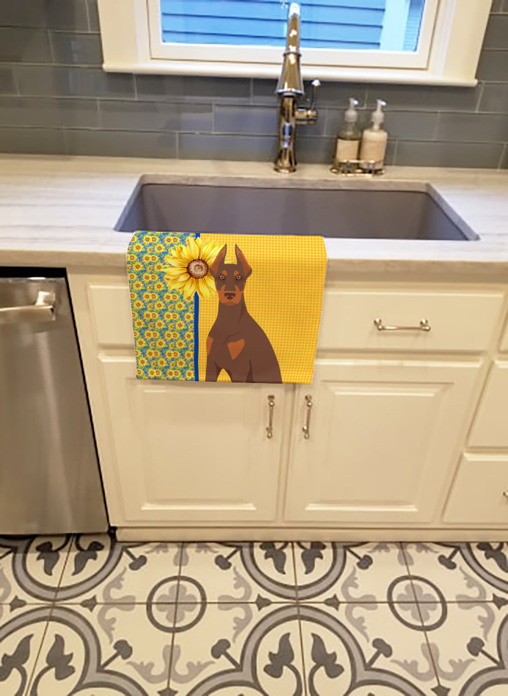 Summer Sunflowers Red and Tan Doberman Pinscher Kitchen Towel Velour Plush Front and Cotton Loop Back Machine Washable
