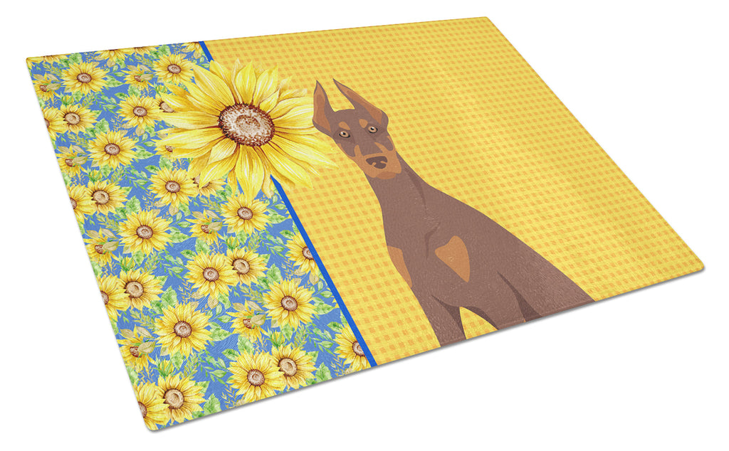 Summer Sunflowers Red and Tan Doberman Pinscher Cutting Board Tempered Glass Kitchen Cutting Surface, Heat Resistant Chopping, Non-Slip Feet, Food Prep & Serving