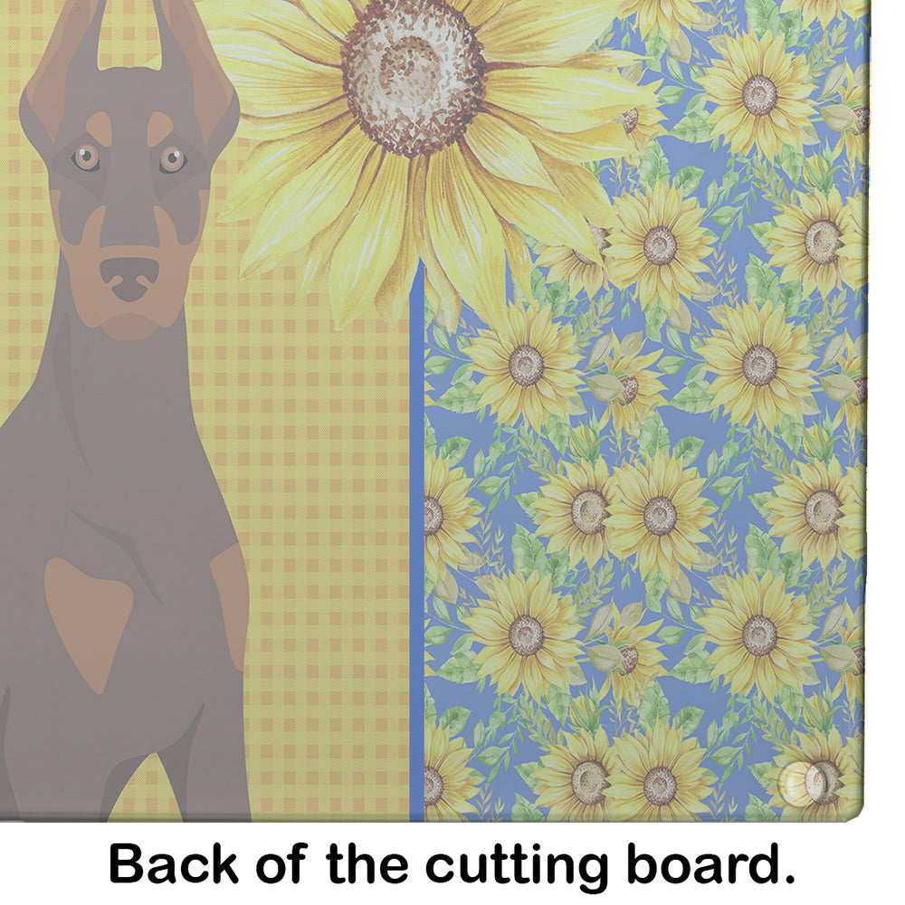 Summer Sunflowers Red and Tan Doberman Pinscher Cutting Board Tempered Glass Kitchen Cutting Surface, Heat Resistant Chopping, Non-Slip Feet, Food Prep & Serving