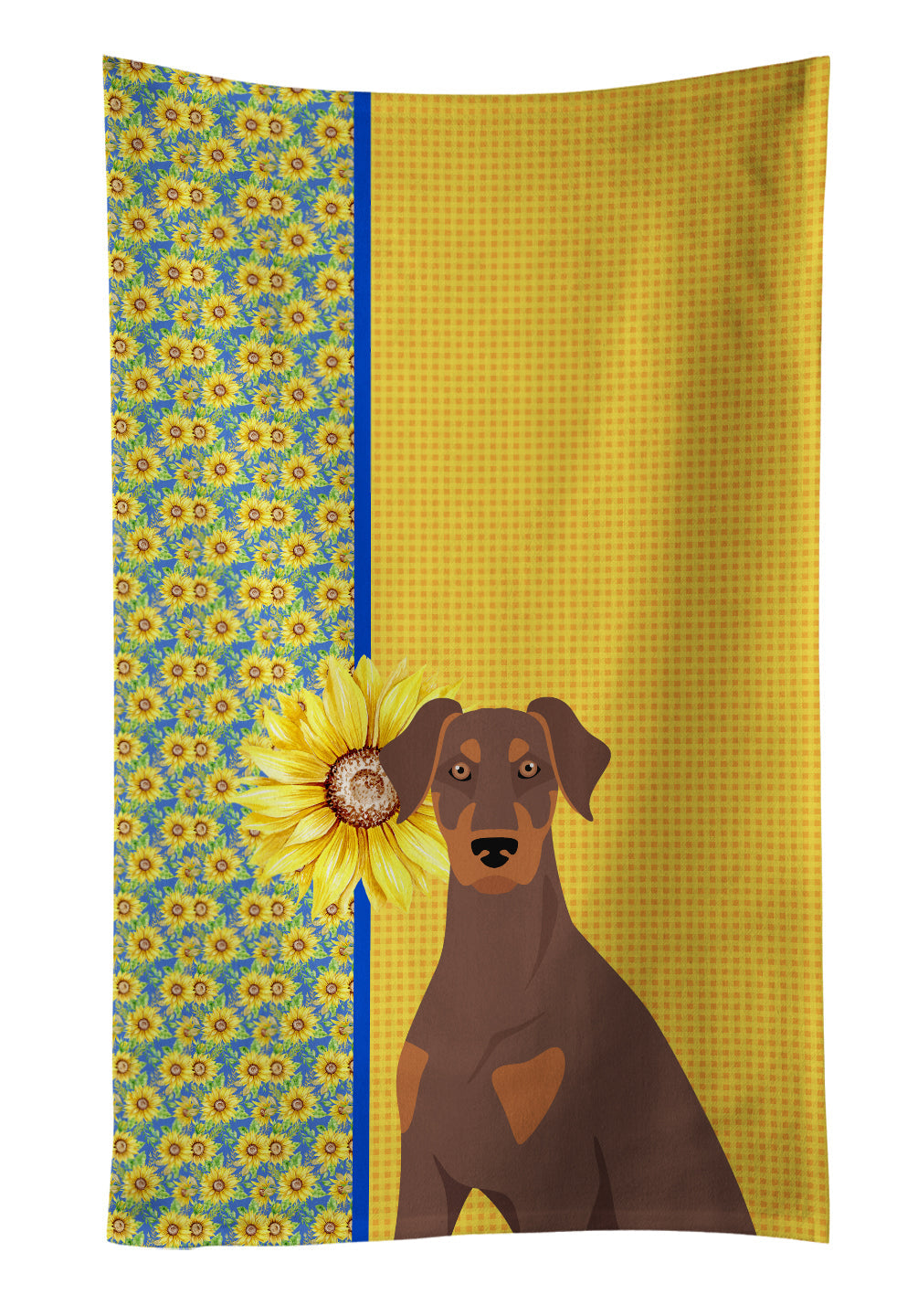 Summer Sunflowers Natural Ear Red and Tan Doberman Pinscher Kitchen Towel Velour Plush Front and Cotton Loop Back Machine Washable