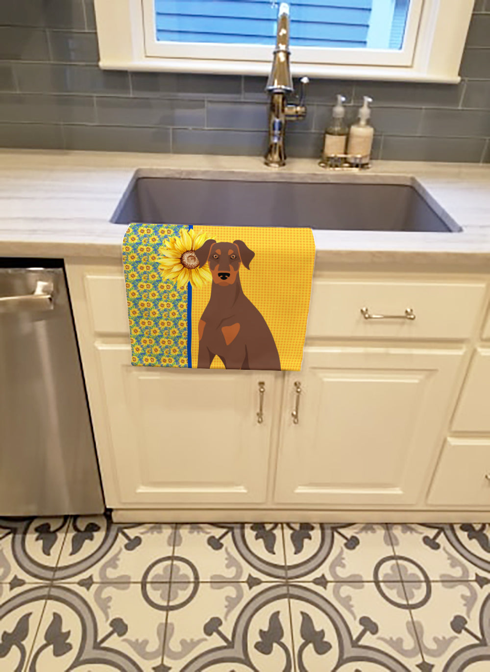 Summer Sunflowers Natural Ear Red and Tan Doberman Pinscher Kitchen Towel Velour Plush Front and Cotton Loop Back Machine Washable