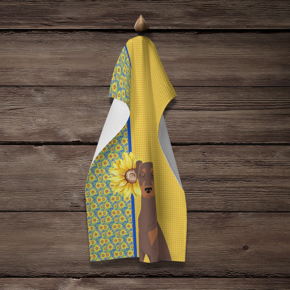 Summer Sunflowers Natural Ear Red and Tan Doberman Pinscher Kitchen Towel Velour Plush Front and Cotton Loop Back Machine Washable