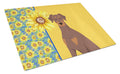 Summer Sunflowers Natural Ear Red and Tan Doberman Pinscher Cutting Board Tempered Glass Kitchen Cutting Surface, Heat Resistant Chopping, Non-Slip Feet, Food Prep & Serving