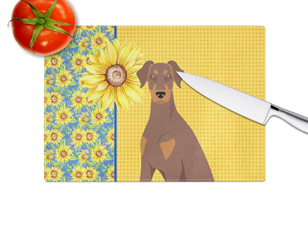 Summer Sunflowers Natural Ear Red and Tan Doberman Pinscher Cutting Board Tempered Glass Kitchen Cutting Surface, Heat Resistant Chopping, Non-Slip Feet, Food Prep & Serving