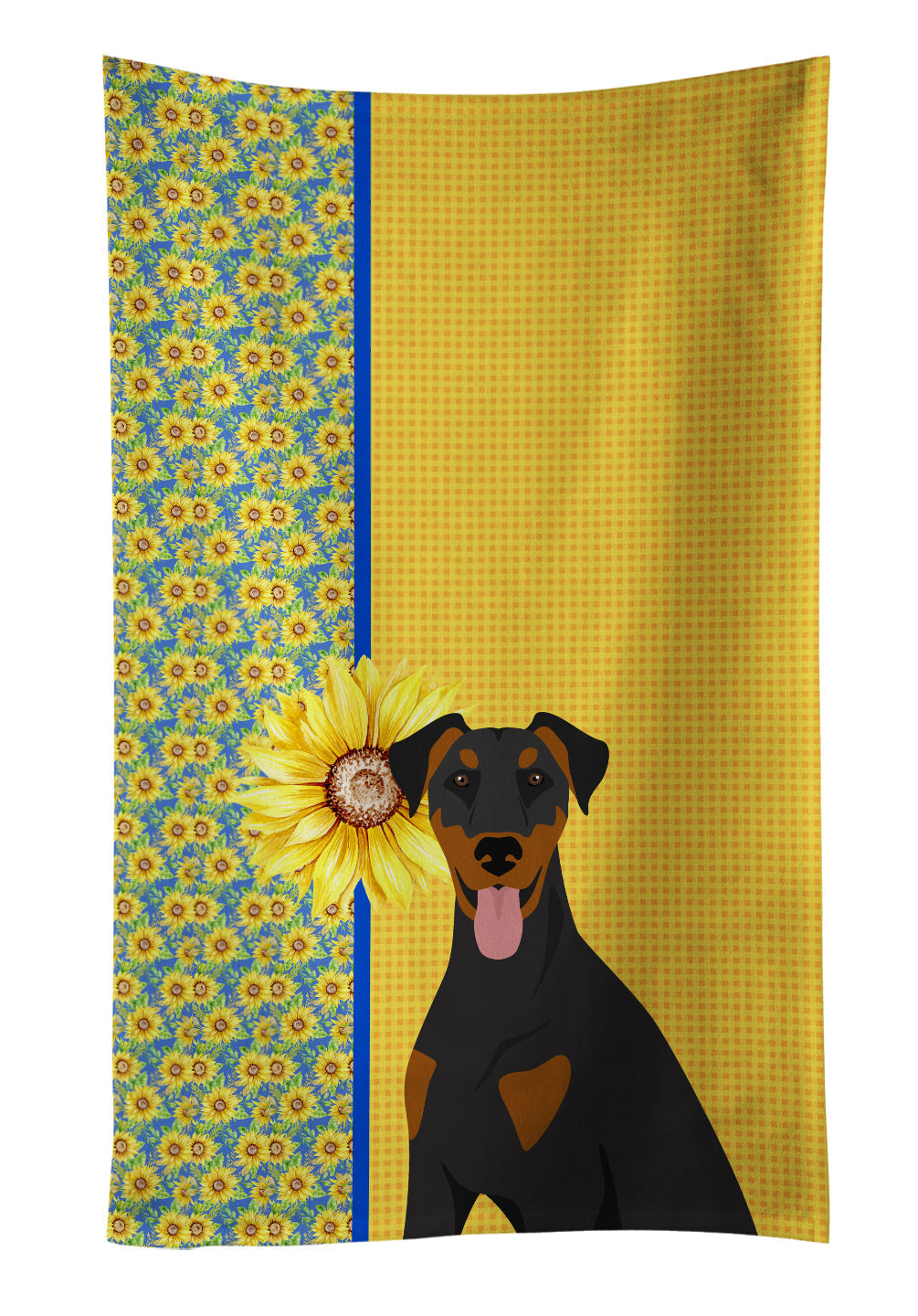 Summer Sunflowers Natural Ear Black and Tan Doberman Pinscher Kitchen Towel Velour Plush Front and Cotton Loop Back Machine Washable