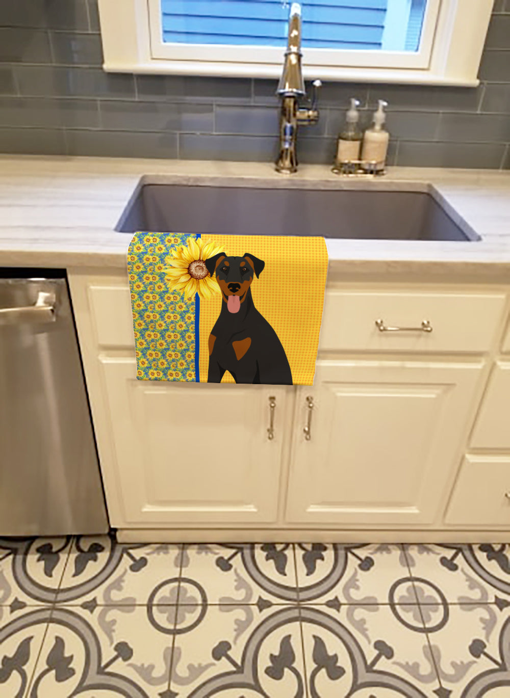 Summer Sunflowers Natural Ear Black and Tan Doberman Pinscher Kitchen Towel Velour Plush Front and Cotton Loop Back Machine Washable