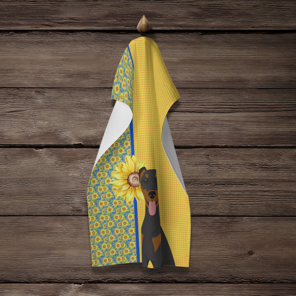 Summer Sunflowers Natural Ear Black and Tan Doberman Pinscher Kitchen Towel Velour Plush Front and Cotton Loop Back Machine Washable