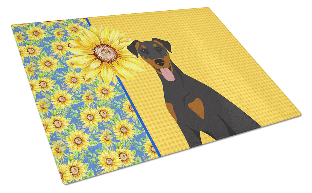 Summer Sunflowers Natural Ear Black and Tan Doberman Pinscher Cutting Board Tempered Glass Kitchen Cutting Surface, Heat Resistant Chopping, Non-Slip Feet, Food Prep & Serving